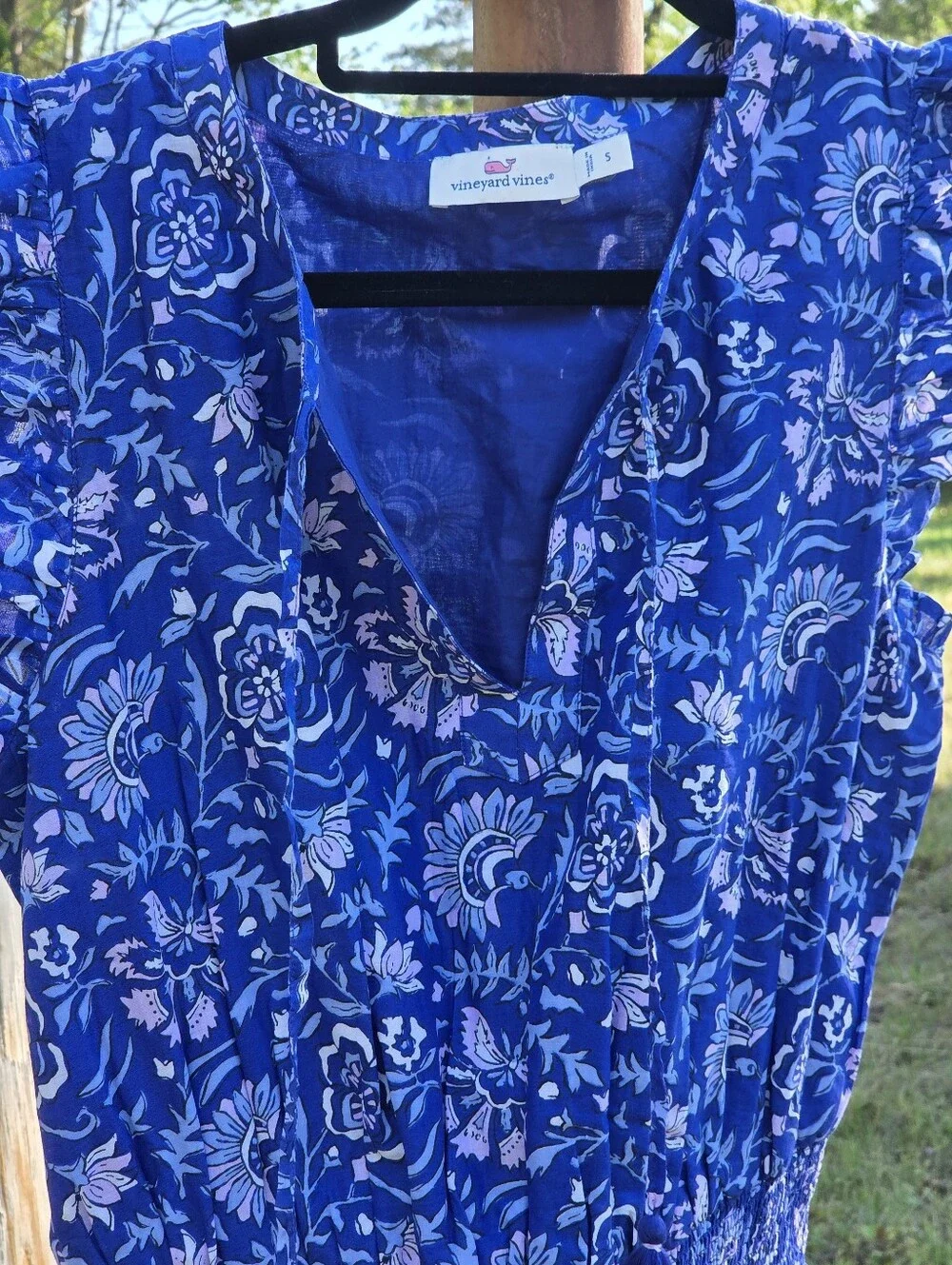 Vineyard Vines Floral Ruffle Sleeves Tie-Neck Smocked Waist Mini Dress S_3